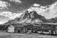 Alps alpine huts in the Dolomites in Tyrol in black and white.