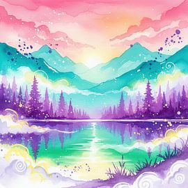 Watercolor Painting of Mountains, Lake, and Forest by Markus Gann