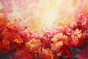 Kleurrijk abstract bloemenveld in warme tinten van De Muurdecoratie