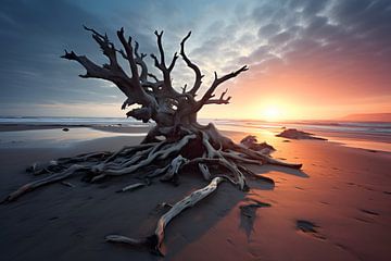 Strand met zonsondergang #1 van Mathias Ulrich