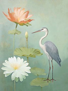 Blue Heron and Water Lily by Caroline Guerain