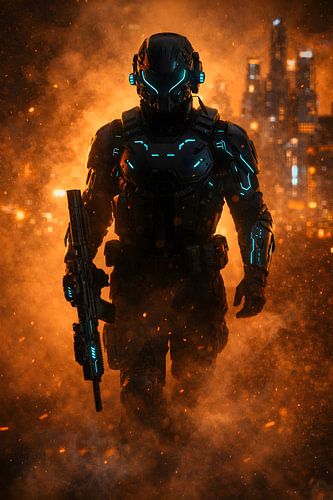 Illustration cyberpunk représentant un soldat de science-fiction dans un incendie