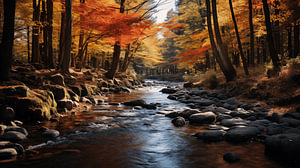 Herbstwald am Morgen mit Fluss