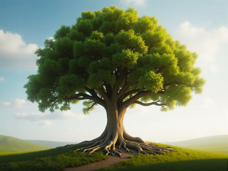 Majestic tree standing on a hill at sunset with large roots by Markus Gann