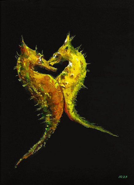 Verliebte Seepferdchen. Handgemalt mit Ölpastell. von Ineke de Rijk