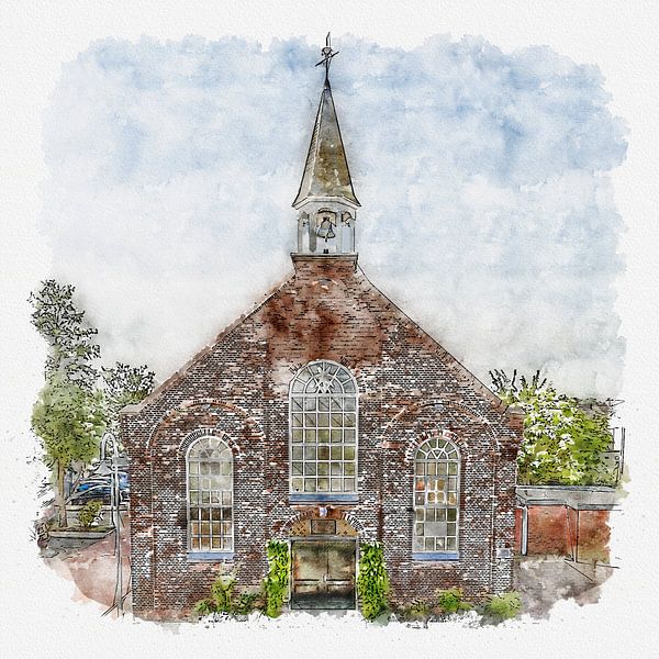 Reformierte Kirche in Bruinisse (Zeeland) (Aquarell) von Art by Jeronimo