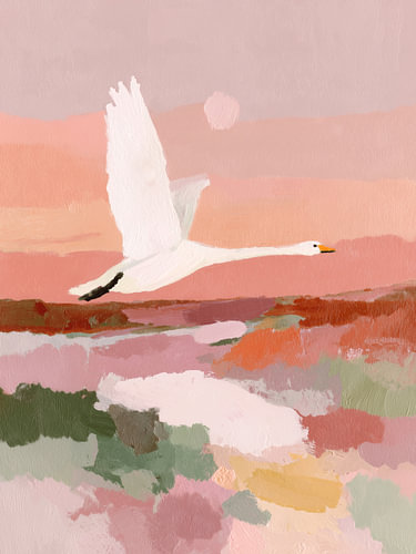Swan over a Pink Evening Landscape – Pastel Bird Art