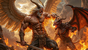 Dark Fantasy Wandbild: HIMMELSZORN - Ein Engel kämpft gegen Dämonen in einer Schlacht