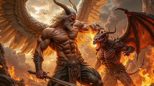 Dark Fantasy Wandbild: HIMMELSZORN - Ein Engel kämpft gegen Dämonen in einer Schlacht