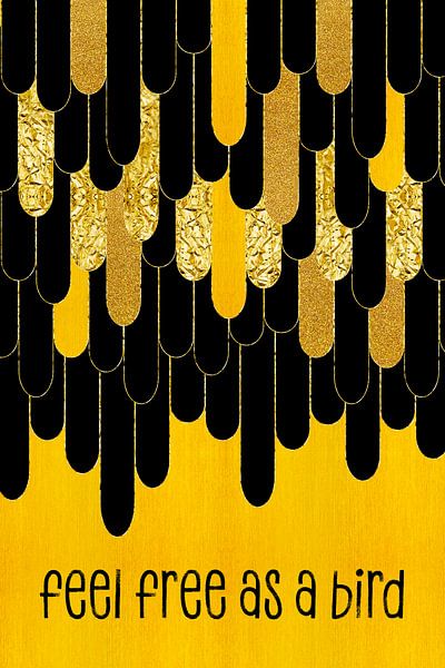 Graphic Art Feathers FEEL FREE AS A BIRD | gold par Melanie Viola