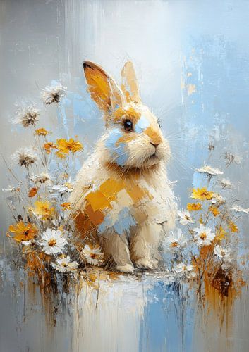 Häschen mit Gänseblümchen – Ölgemälde