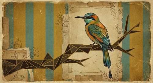 Vintage-Vogel-Poster mit geometrischem Zweig von Vlindertuin-Art