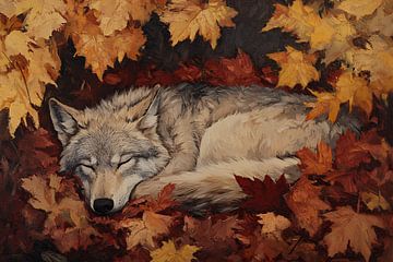 Slaapende wolf in herfstbladeren van Imperial Art House