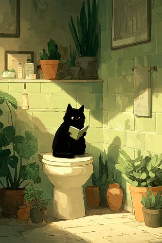 Zwarte kat op het toilet terwijl hij leest
