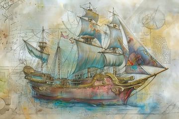 Schilderij van een historisch zeilschip, technisch en artistiek, vintage en klassiek, blauw van Peter Pen tekeningen en schilderijen