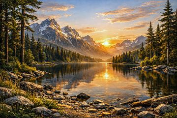 Zonsopgang bij het bergmeer van Max Steinwald