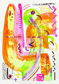 Ohne Titel – Farbenfrohe abstrakte Kunst in Neonrosa, Orange und Grün von Vivienne van den Dungen