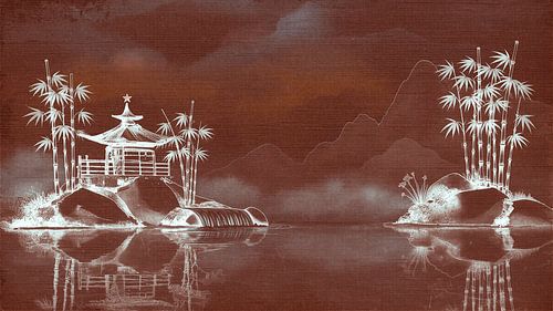 Oriental landscape: Japanese pagoda on a rocky island in warm terracotta
