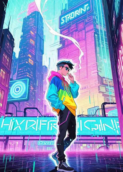 Male Anime Smoking with Cyberpunk Cityscape Smoking by MIROKKU