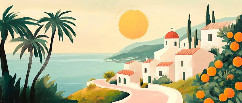 Paysage côtier ensoleillé avec palmiers par Poster Art Shop