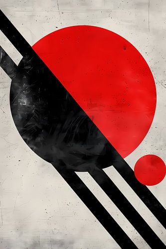 Abstract schilderij met rode cirkel en zwarte lijnen.