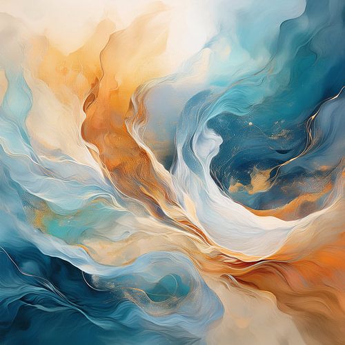 Abstracte weergave van warme tinten, koele blauwtinten en crèmekleuren.