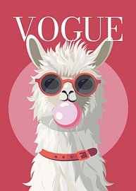 llama stylish wearing sunglasses blowing pink bubble gum vogue poster by Cross