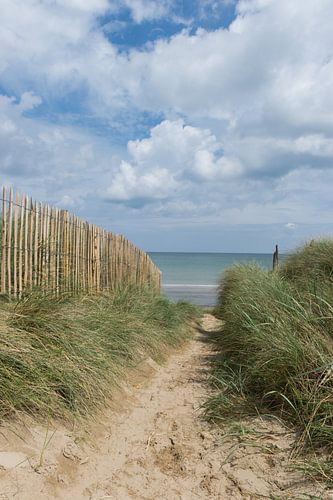 Op weg naar het strand. Zee, strand en paadje door de duinen