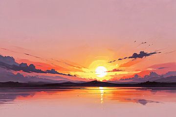 Reflet magique d'un coucher de soleil coloré sur De Muurdecoratie