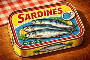 Retro Sardinendose mit karierter Tischdecke