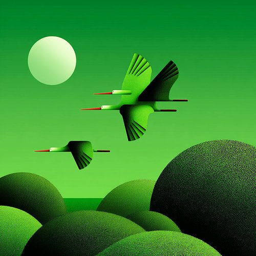 Emerald Skies | Green Birds over Hills in Moonlight