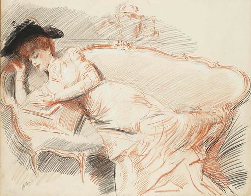 Paul César Helleu - Elegant woman reading on a sofa