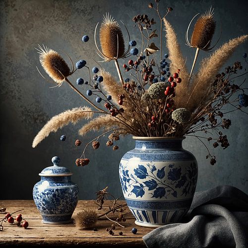 Delfts blauw vaas met droogbloemen – modern klassiek stilleven