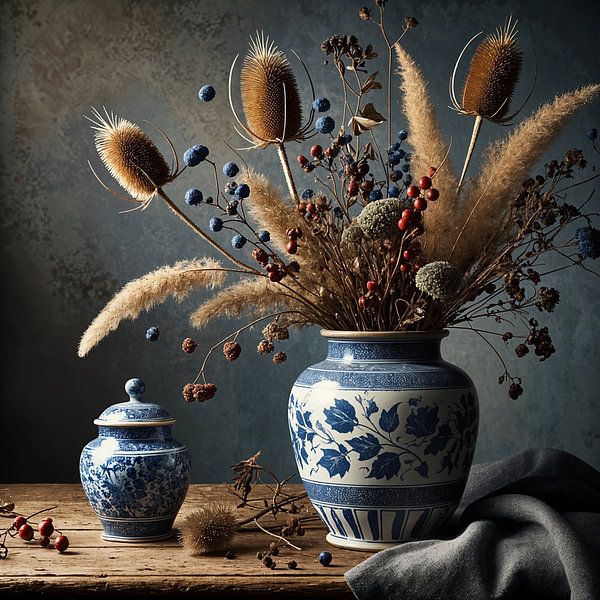 Vase bleu de Delft avec fleurs séchées - nature morte moderne et classique par Kleurenrijk