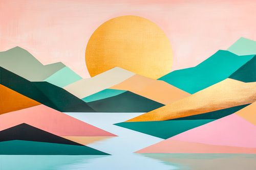 Geometrisch landschap met gouden zonsondergang