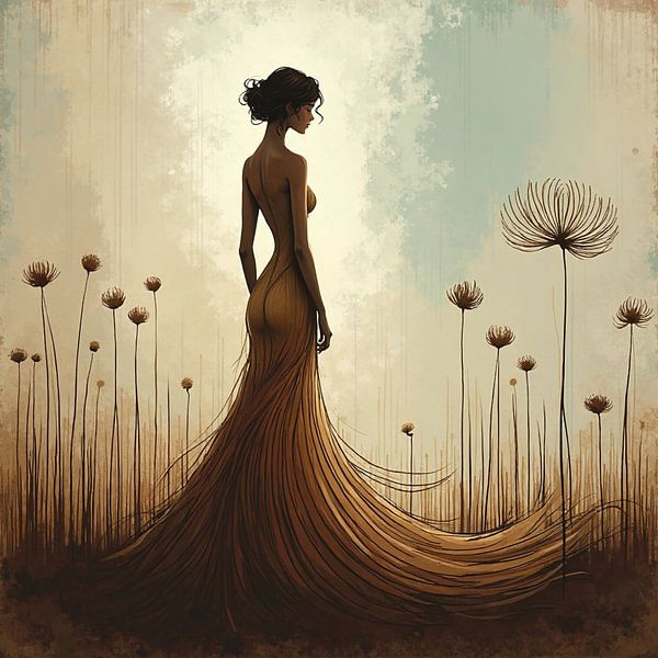Woman in gold dress - abstract elegance in nature by Kleurenrijk