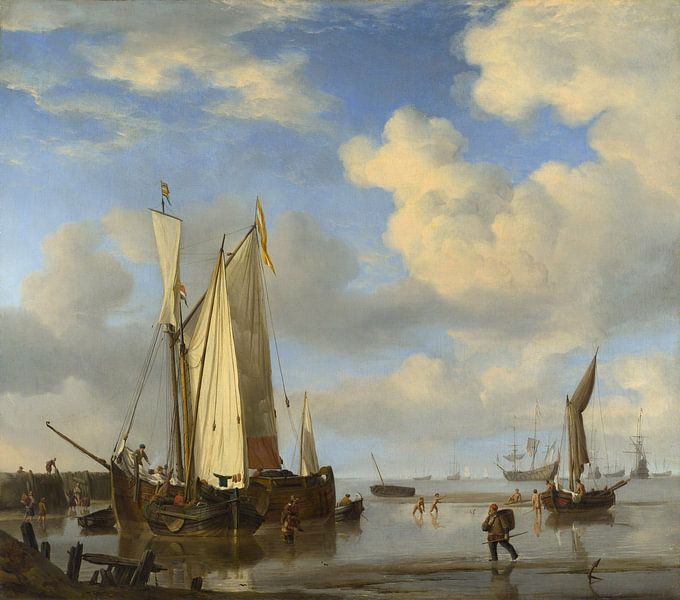 Niederländische Schiffe in Küstennähe bei Ebbe und badende Männer, Willem van de Velde von Meisterhafte Meister