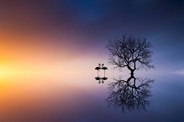 Flamingo's in een meer met een boom van Bess Hamiti