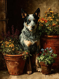 Australischer Cattle Dog in einem rustikalen Blumengarten von Erika Kaisersot
