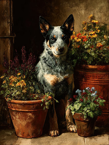 An Australian Cattle Dog in a rustic flower garden