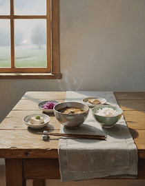 Une soupe au miso du matin sur une table de ferme saxonne sur Regan Frederick