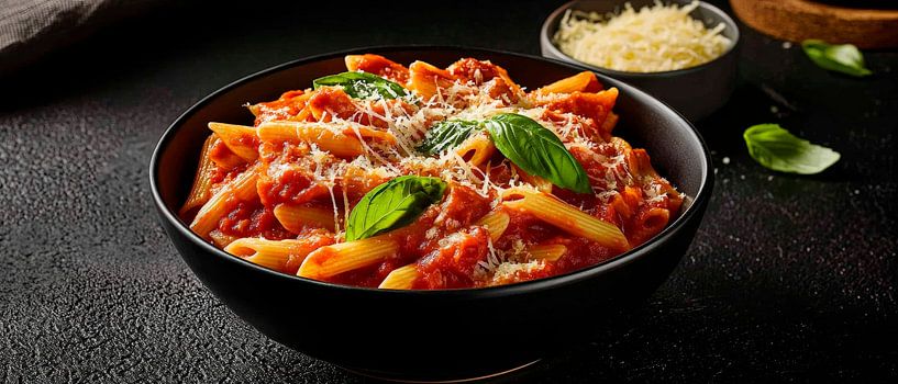 Pasta in Tomatensauce mit Käse und Basilikum von Poster Art Shop