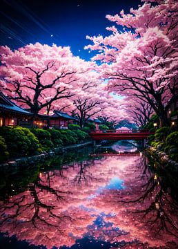 Kersenbloesem Sakura met architectuur Japan van Ruzerin