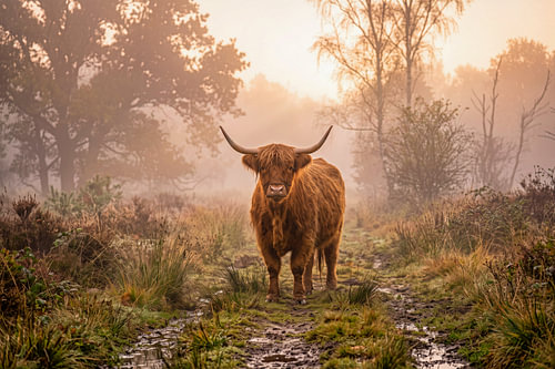 Scottish Highland cow in the golden morning mist