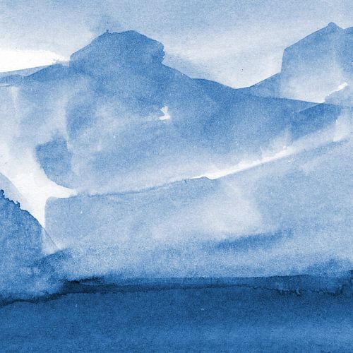 Modern abstract aquarel landschap in kobaltblauw nr. 2