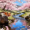 Fuchs im Kirschblüten Garten Landschaftsmalerei in bunten Farben von FRESH Fine Art