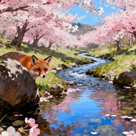 Fuchs im Kirschblüten Garten Landschaftsmalerei in bunten Farben von FRESH Fine Art