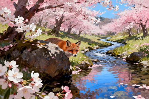 Vos in kersenbloesemtuin Landschapschilderij in heldere kleuren