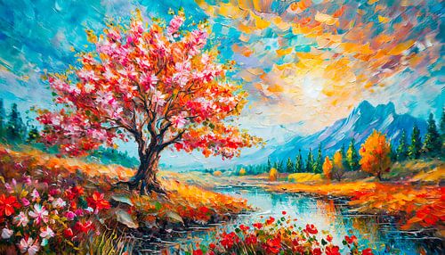 Boom met rivier en wolken