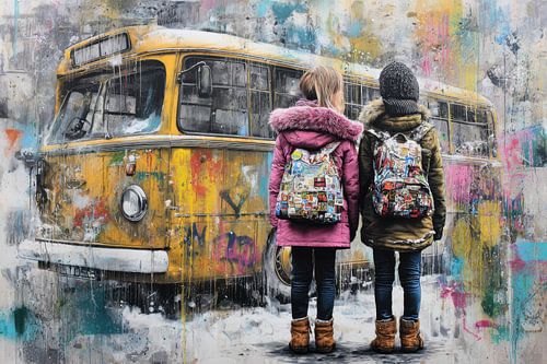 Twee meisjes bij bus - Nostalgische street art